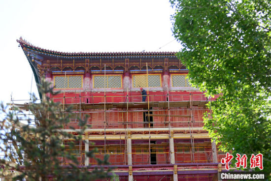 圖為5月上旬，甘肅山丹縣大佛寺內(nèi)，工作人員對古建筑大雄寶殿進(jìn)行修繕。 中新社記者 高展 攝
