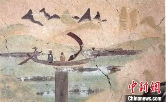 “一人搖櫓晃扁舟，兩人撐篙水上漂?！眻D為莫高窟第323窟《搖櫓帆船》（初唐）?！《鼗脱芯吭汗﹫D