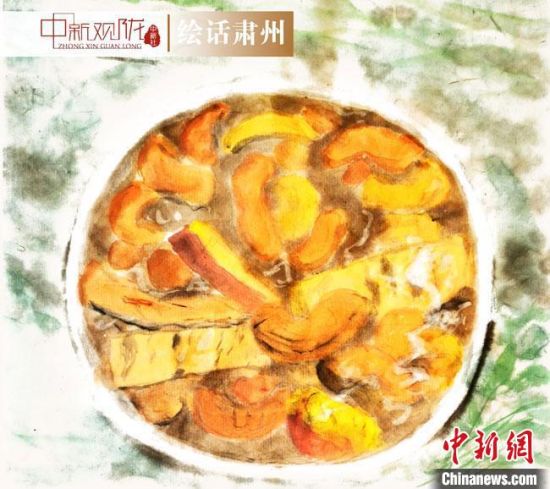 圖為酒泉美食“糊鍋”繪畫作品?！《排d彥 攝
