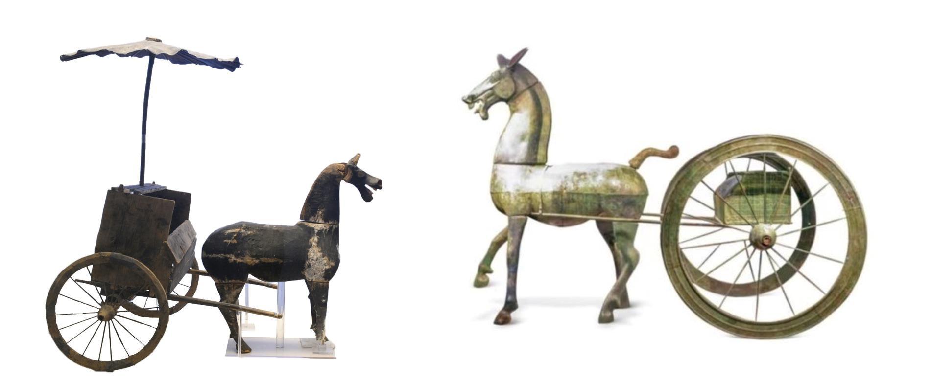 △左為漢代木軺車(chē)，藏于青海省博物館；右為東漢銅車(chē)馬，藏于黔西南州博物館。